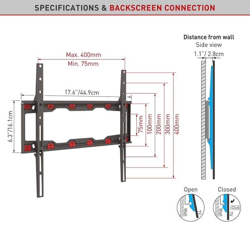Barkan TV Wall Mount, 19-65 inch Fixed, Drywall No Stud No Drill Screen Bracket, Holds up to 80lbs, Auto Lock Patented, Fits LED OLED LCD, Including 6 ft 4K HDMI Cable - Image 4